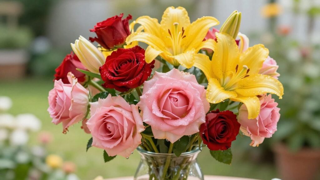 Fresh flower bouquet with roses, lilies, and tulips.
