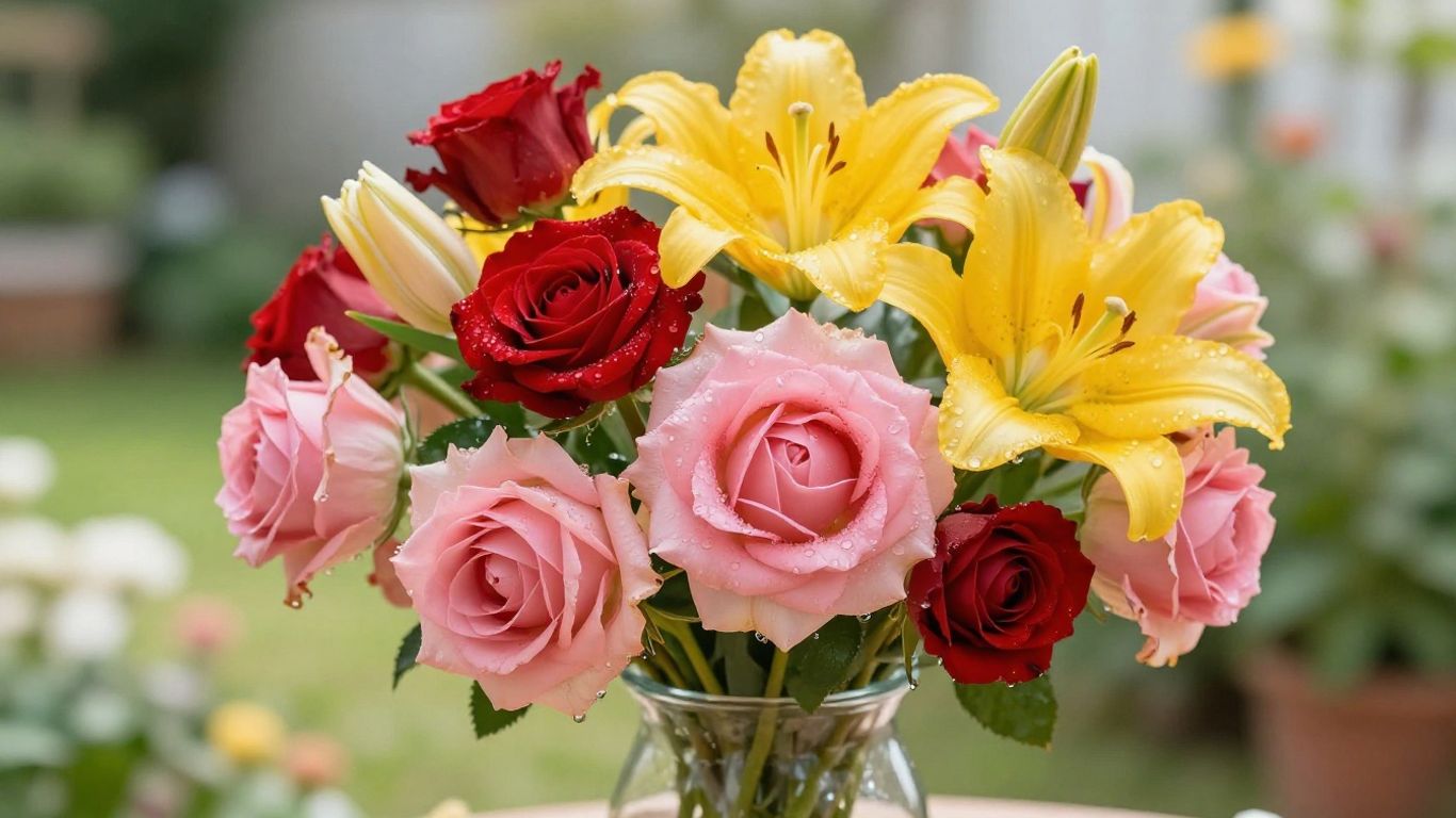 Fresh flower bouquet with roses, lilies, and tulips.