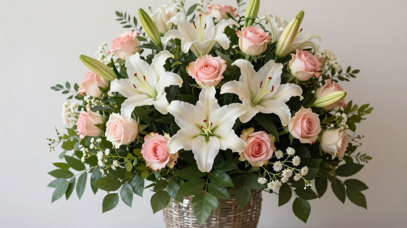 Funeral flower arrangement with lilies and roses.